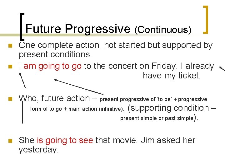 Future Progressive (Continuous) n n One complete action, not started but supported by present Future Progressive (Continuous) n n One complete action, not started but supported by present