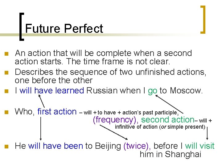 Future Perfect n n An action that will be complete when a second action Future Perfect n n An action that will be complete when a second action