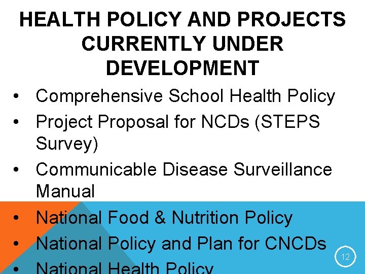 HEALTH POLICY AND PROJECTS CURRENTLY UNDER DEVELOPMENT • Comprehensive School Health Policy • Project