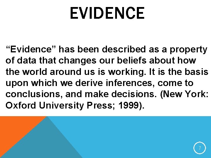 EVIDENCE “Evidence” has been described as a property of data that changes our beliefs