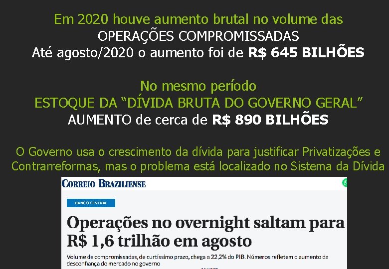 Em 2020 houve aumento brutal no volume das OPERAÇÕES COMPROMISSADAS Até agosto/2020 o aumento