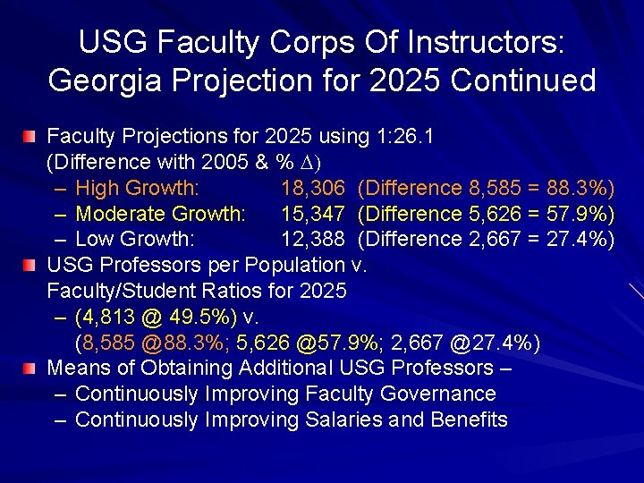 USG Faculty Corps Of Instructors: Georgia Projection for 2025 Continued Faculty Projections for 2025