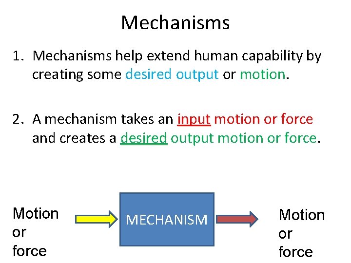 Mechanisms 1. Mechanisms help extend human capability by creating some desired output or motion.