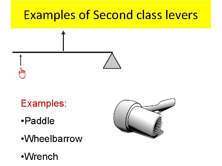 Examples of Second class levers Examples: • Paddle • Wheelbarrow • Wrench 