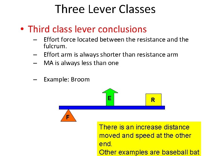 Explanation Three Lever Classes • Third class lever conclusions – Effort force located between