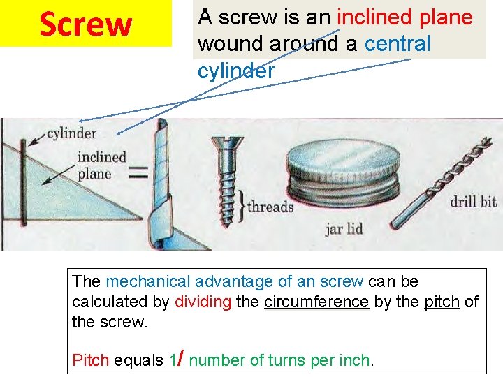 Screw A screw is an inclined plane wound around a central cylinder The mechanical