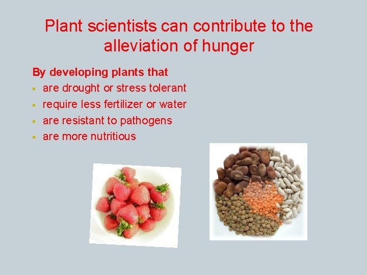 Plant scientists can contribute to the alleviation of hunger By developing plants that §