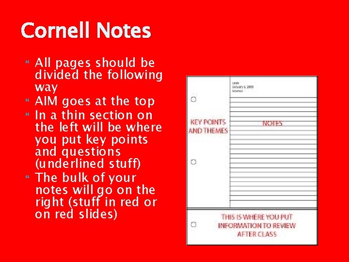 Cornell Notes All pages should be divided the following way AIM goes at the