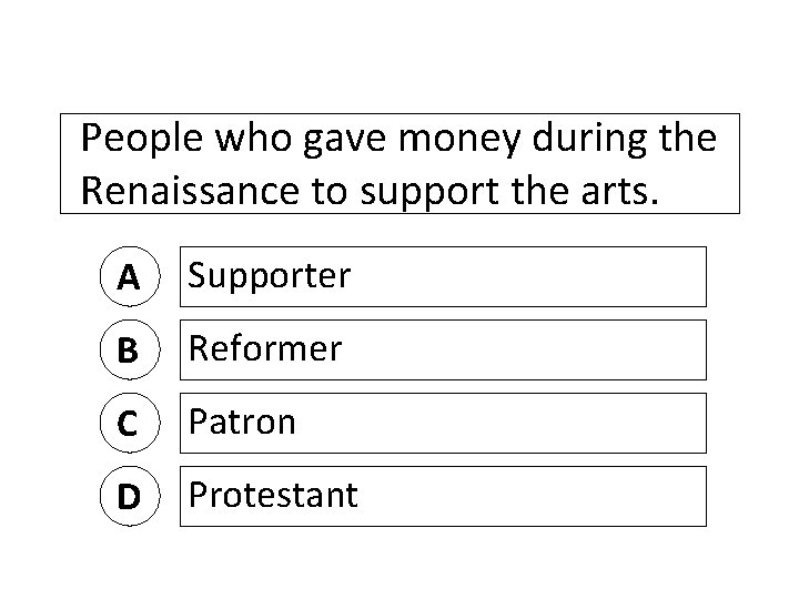 People who gave money during the Renaissance to support the arts. A Supporter B