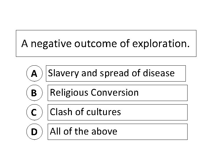 A negative outcome of exploration. A Slavery and spread of disease B Religious Conversion