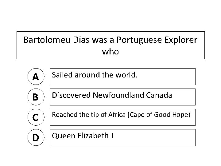 Bartolomeu Dias was a Portuguese Explorer who A Sailed around the world. B Discovered