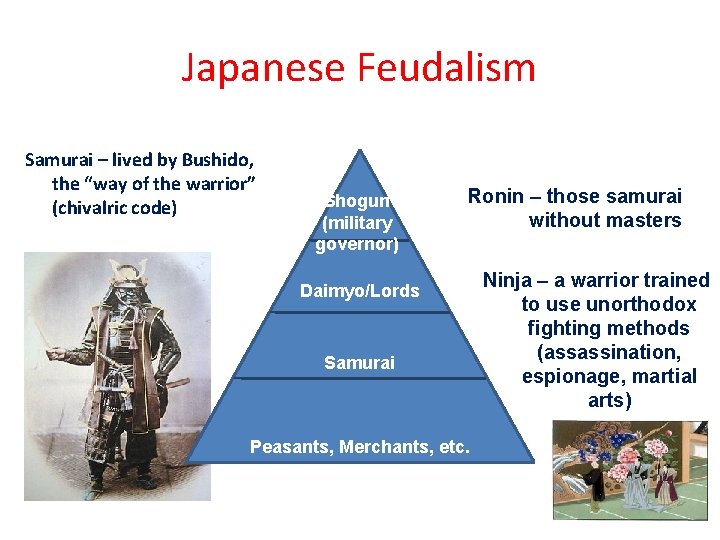 Japanese Feudalism Samurai – lived by Bushido, the “way of the warrior” (chivalric code)