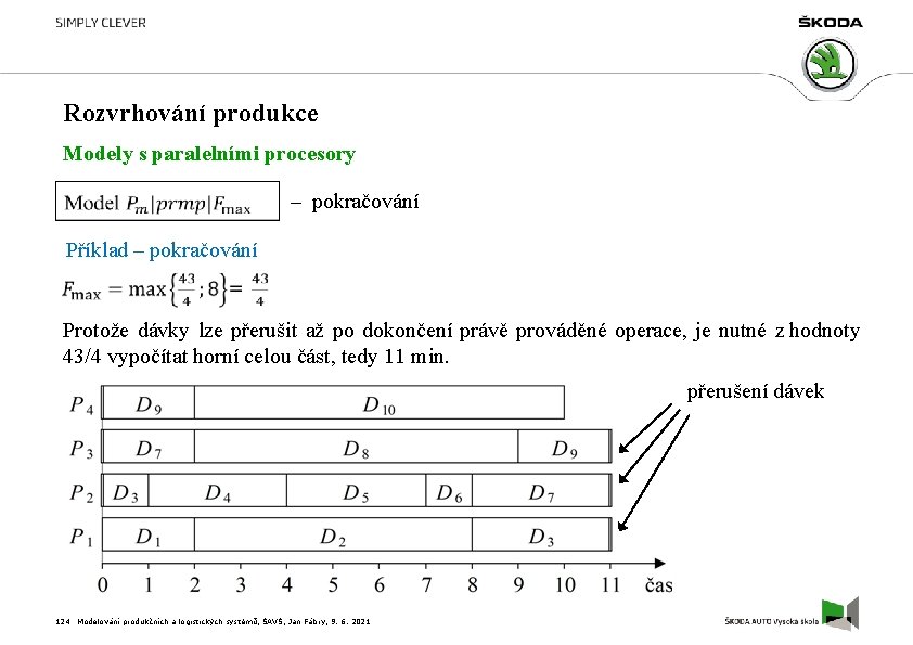 Rozvrhování produkce Modely s paralelními procesory – pokračování Příklad – pokračování Protože dávky lze