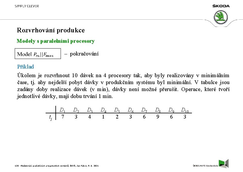 Rozvrhování produkce Modely s paralelními procesory – pokračování Příklad Úkolem je rozvrhnout 10 dávek