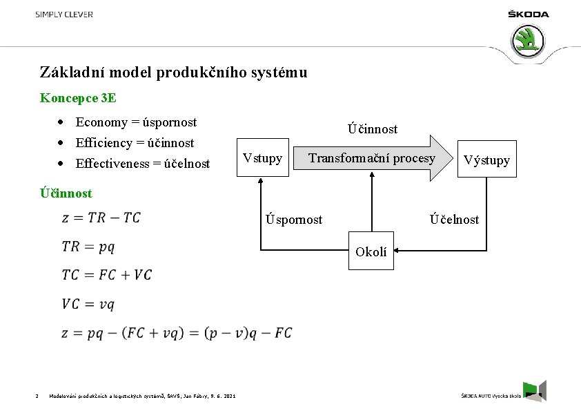 Základní model produkčního systému Koncepce 3 E Economy = úspornost Efficiency = účinnost Effectiveness