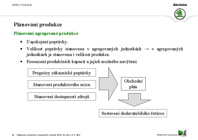 Plánování produkce Plánování agregované produkce Uspokojení poptávky. Velikost poptávky stanovena v agregovaných jednotkách →