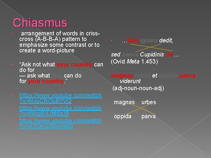 Chiasmus • • • arrangement of words in crisscross (A-B-B-A) pattern to emphasize some Chiasmus • • • arrangement of words in crisscross (A-B-B-A) pattern to emphasize some