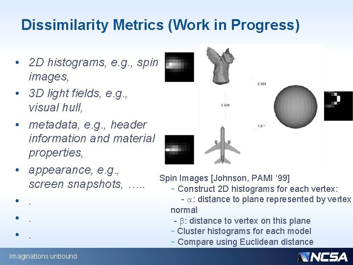 Dissimilarity Metrics (Work in Progress) • 2 D histograms, e. g. , spin images,