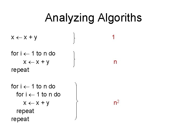 Analyzing Algoriths x x+y 1 for i 1 to n do x x+y repeat