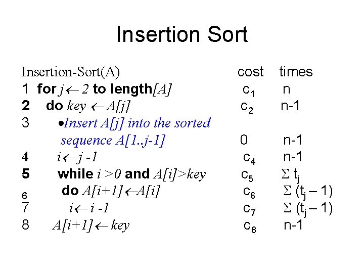 Insertion Sort Insertion-Sort(A) 1 for j 2 to length[A] 2 do key A[j] 3