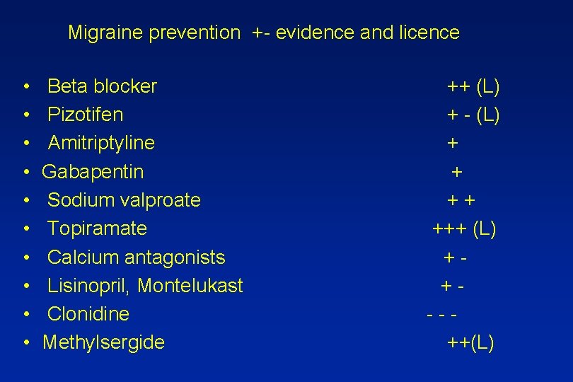 Migraine prevention +- evidence and licence • • • Beta blocker Pizotifen Amitriptyline Gabapentin