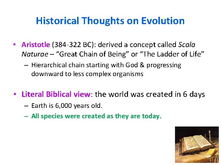 Historical Thoughts on Evolution • Aristotle (384 -322 BC): derived a concept called Scala