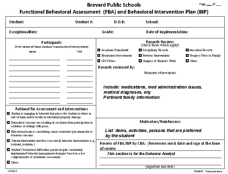 Page ___ of ___ Brevard Public Schools Functional Behavioral Assessment (FBA) and Behavioral Intervention