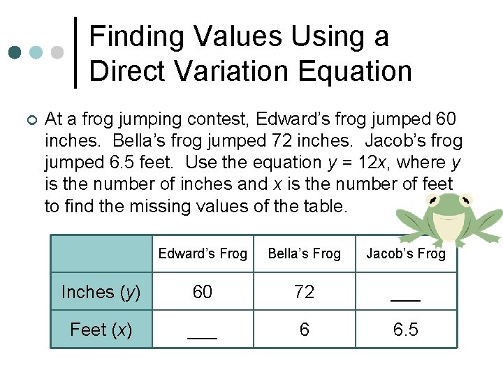 Finding Values Using a Direct Variation Equation ¢ At a frog jumping contest, Edward’s