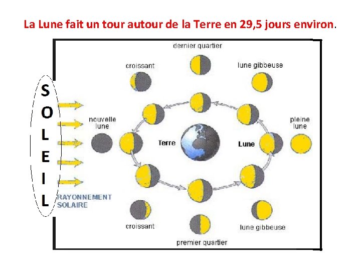 La Lune fait un tour autour de la Terre en 29, 5 jours environ. La Lune fait un tour autour de la Terre en 29, 5 jours environ.