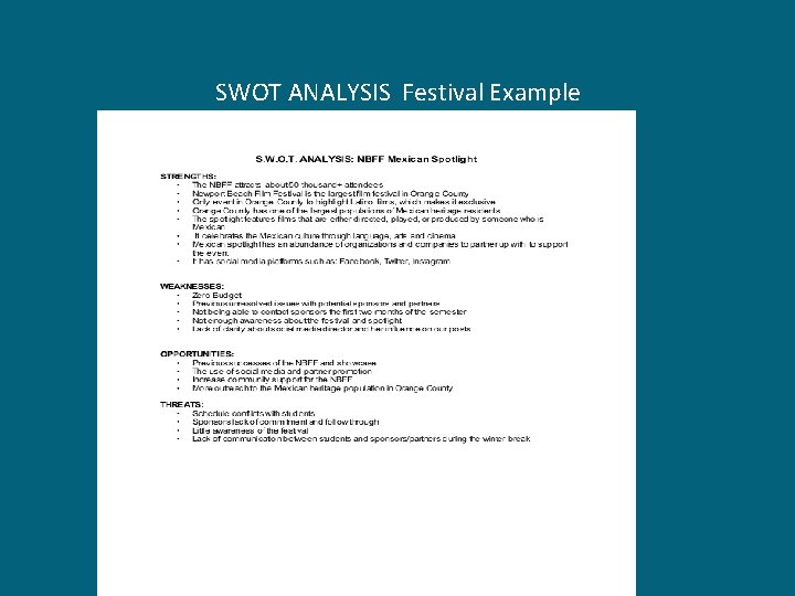 SWOT ANALYSIS Festival Example 