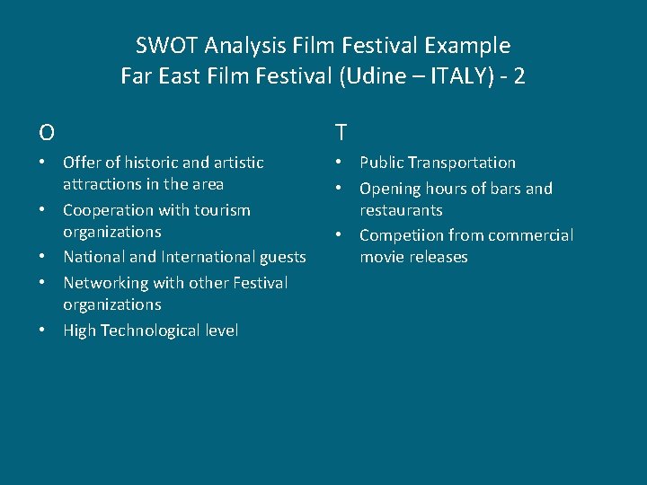 SWOT Analysis Film Festival Example Far East Film Festival (Udine – ITALY) - 2