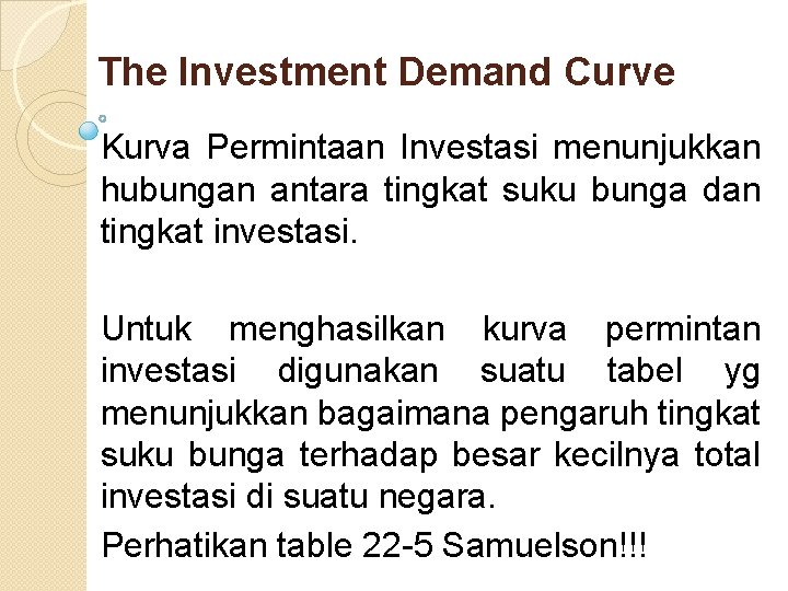 The Investment Demand Curve Kurva Permintaan Investasi menunjukkan hubungan antara tingkat suku bunga dan