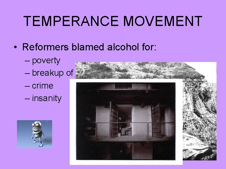 TEMPERANCE MOVEMENT • Reformers blamed alcohol for: – poverty – breakup of families –