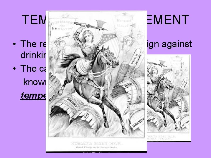 TEMPERANCE MOVEMENT • The reformers began a campaign against drinking. • The campaign was