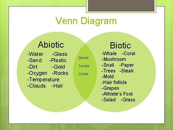 Venn Diagram Abiotic -Water -Glass -Sand -Plastic -Dirt -Gold -Oxygen -Rocks -Temperature -Clouds -Hair