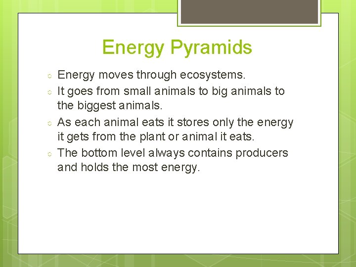 Energy Pyramids ○ ○ Energy moves through ecosystems. It goes from small animals to