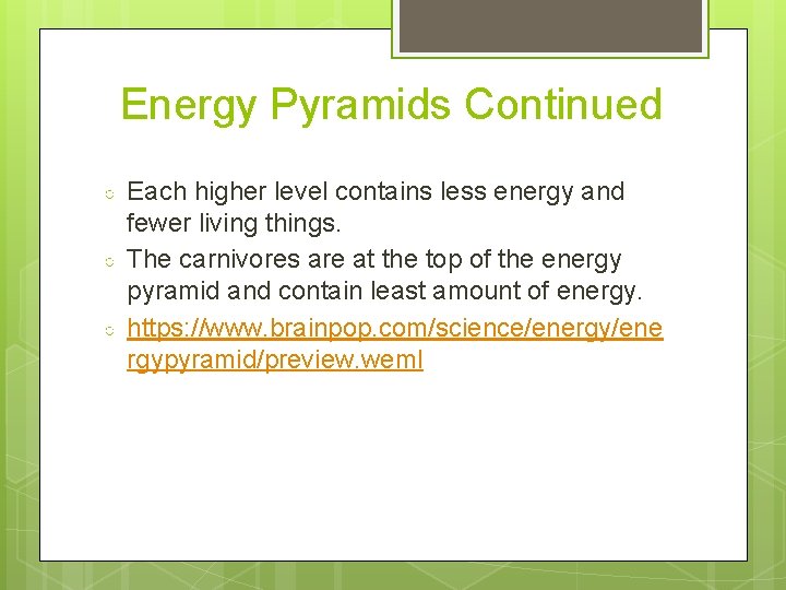 Energy Pyramids Continued ○ ○ ○ Each higher level contains less energy and fewer