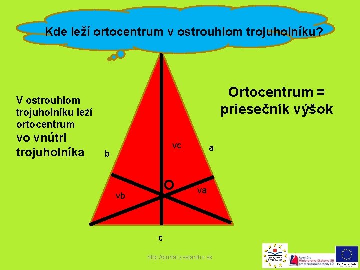 Kde leží ortocentrum v ostrouhlom trojuholníku? Ortocentrum = priesečník výšok V ostrouhlom trojuholníku leží
