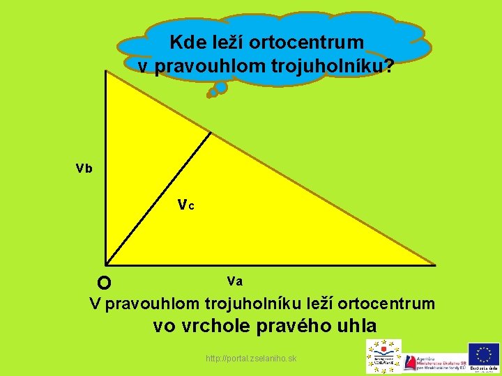 Kde leží ortocentrum v pravouhlom trojuholníku? vb vc va V pravouhlom trojuholníku leží ortocentrum