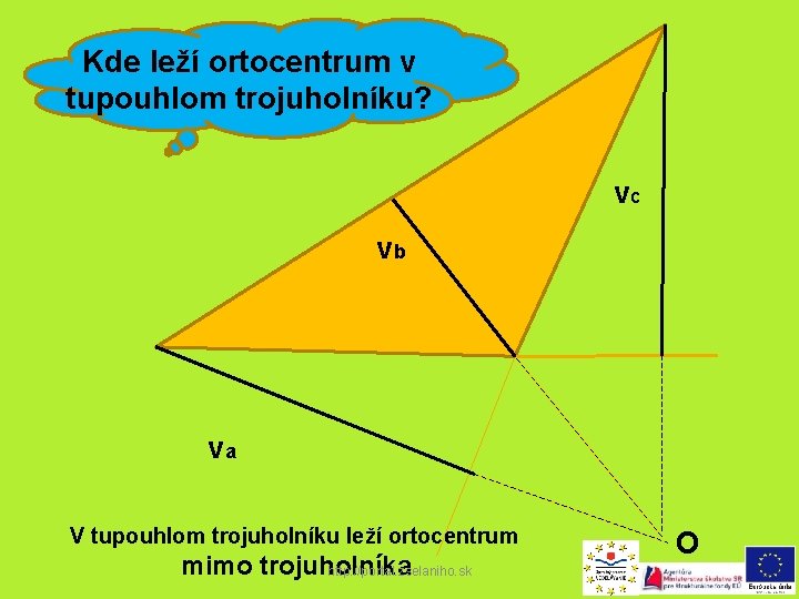 Kde leží ortocentrum v tupouhlom trojuholníku? vc vb va V tupouhlom trojuholníku leží ortocentrum