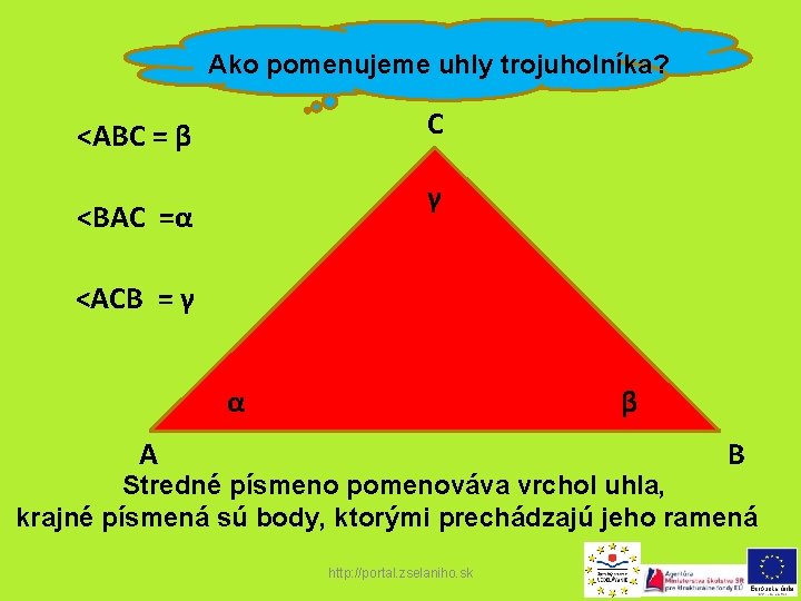 Ako pomenujeme uhly trojuholníka? C <ABC = β γ <BAC =α <ACB = γ