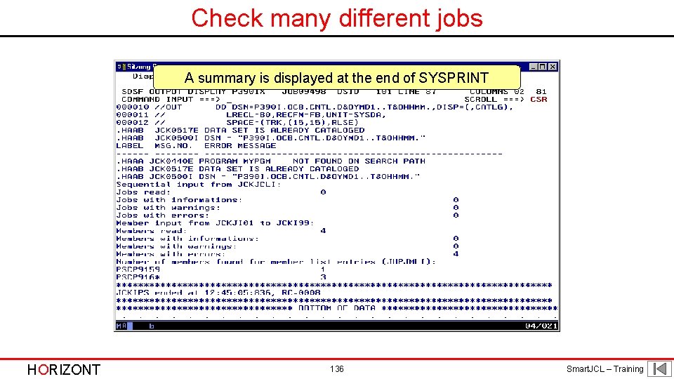 Check many different jobs A summary is displayed at the end of SYSPRINT HORIZONT