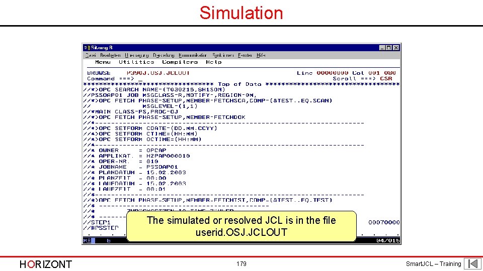 Simulation The simulated or resolved JCL is in the file userid. OSJ. JCLOUT HORIZONT