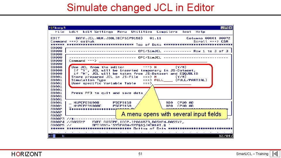 Simulate changed JCL in Editor A menu opens with several input fields HORIZONT 51