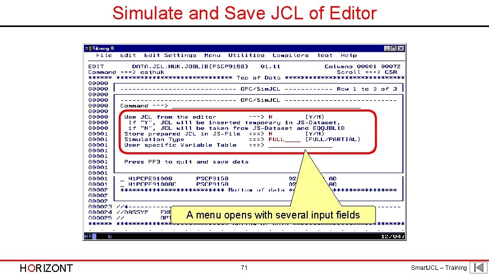 Simulate and Save JCL of Editor A menu opens with several input fields HORIZONT