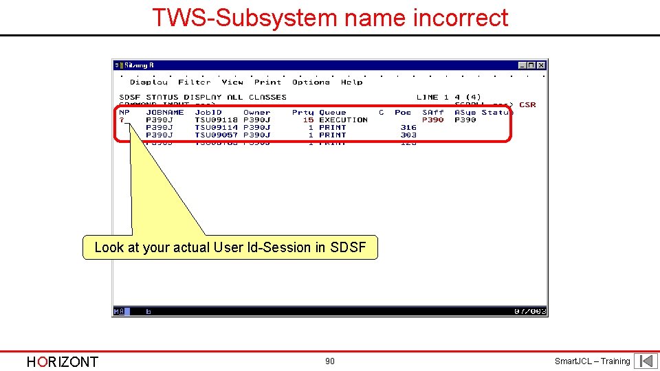 TWS-Subsystem name incorrect Look at your actual User Id-Session in SDSF HORIZONT 90 Smart.