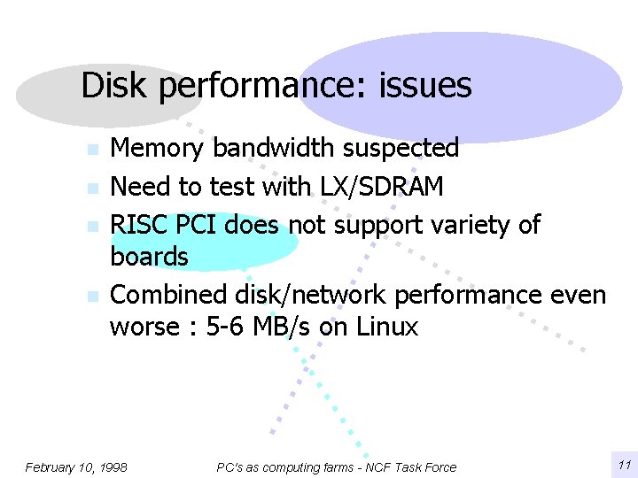 Disk performance: issues n n Memory bandwidth suspected Need to test with LX/SDRAM RISC