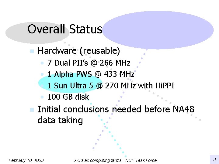 Overall Status n Hardware (reusable) • • n 7 Dual PII’s @ 266 MHz