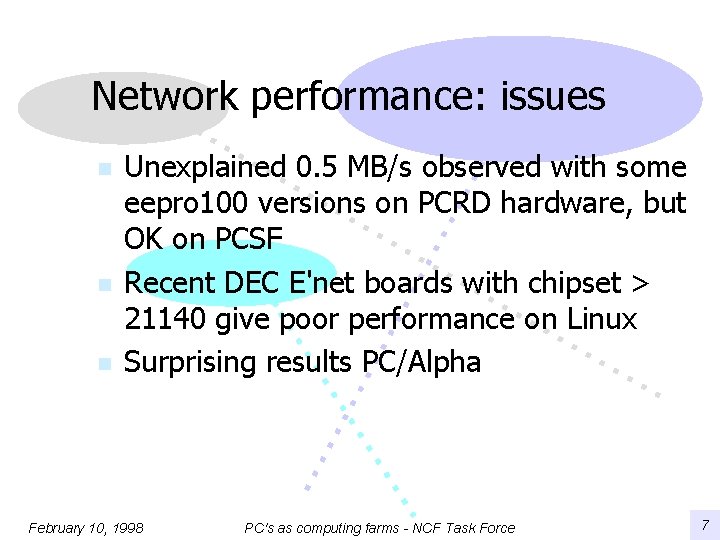 Network performance: issues n n n Unexplained 0. 5 MB/s observed with some eepro