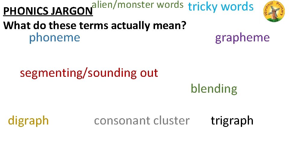 alien/monster words PHONICS JARGON What do these terms actually mean? tricky words phoneme segmenting/sounding